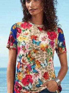 Johnny Was Mayflower Favorite Short Sleeve Swing Tee Butterfly Floral Size XS